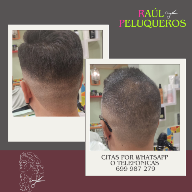 Dos fotos de un corte de cabello moderno, con un desvanecido en los lados.