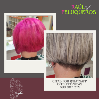 Muestra de dos estilos de peinado: uno con cabello rosa y otro con cabello rubio platino.
